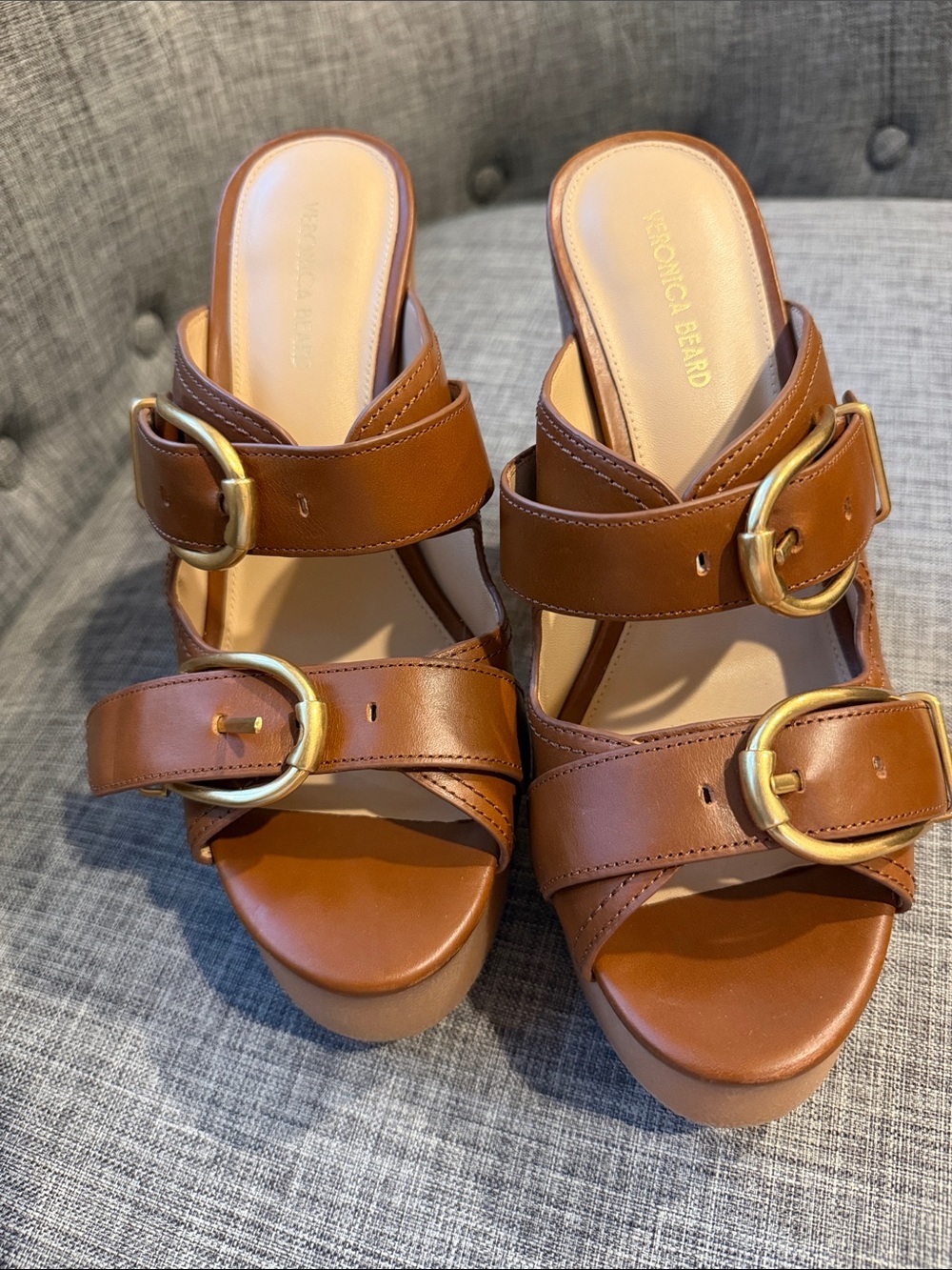 Veronica Beard Tan Leather Dual-Buckle Platform Sandals - 7.5
